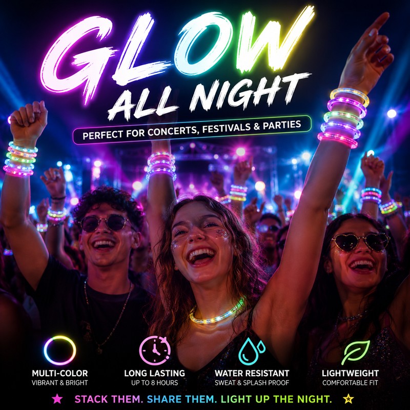 18-Pack LED Light Up Bracelets for Party Favors – Flashing