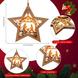 24 Pcs Christmas Nativity Scene Ornament, The Birth of Jesus Decoration Star Shaped Wooden Hanging Ornament Christian Religious Gift for Xmas Tree Decoration