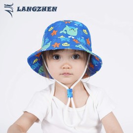 LANGZHEN Sombrero de protección solar para niños pequeños y niñas de ala ancha de verano sombrero de algodón con correa de barbilla, Ballena+Pez Azul, 1-2 Años
