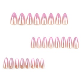 Pink Chrome Press on Nails Ombre Fake Nails Medium Almond False Nails with Design Glossy Full Cover Glue on Nails Artificial Acrylic Stick on Nails for Women Girls Spring Summer Nail Decoration 24Pcs