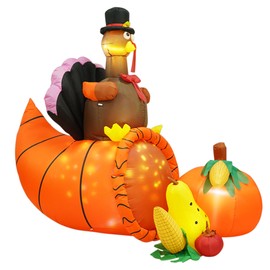 Inflatable Turkey Yard Decorations Thanksgiving Inflatables, 7FT Long Giant Blow up Turkey on Cornucopia with Built-in LED Rotating Lights, for Fall Lawn Party Holiday Decorations Outdoor