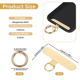 salbsever 2 PCS Cell Phone Tether Patches Phone Tether Tab Heavy Duty Universal Metal Phone Lanyard Tab with 2 Metal Spring Rings Phone Strap Connector Multifunctional Phone Strap Replacement Gold