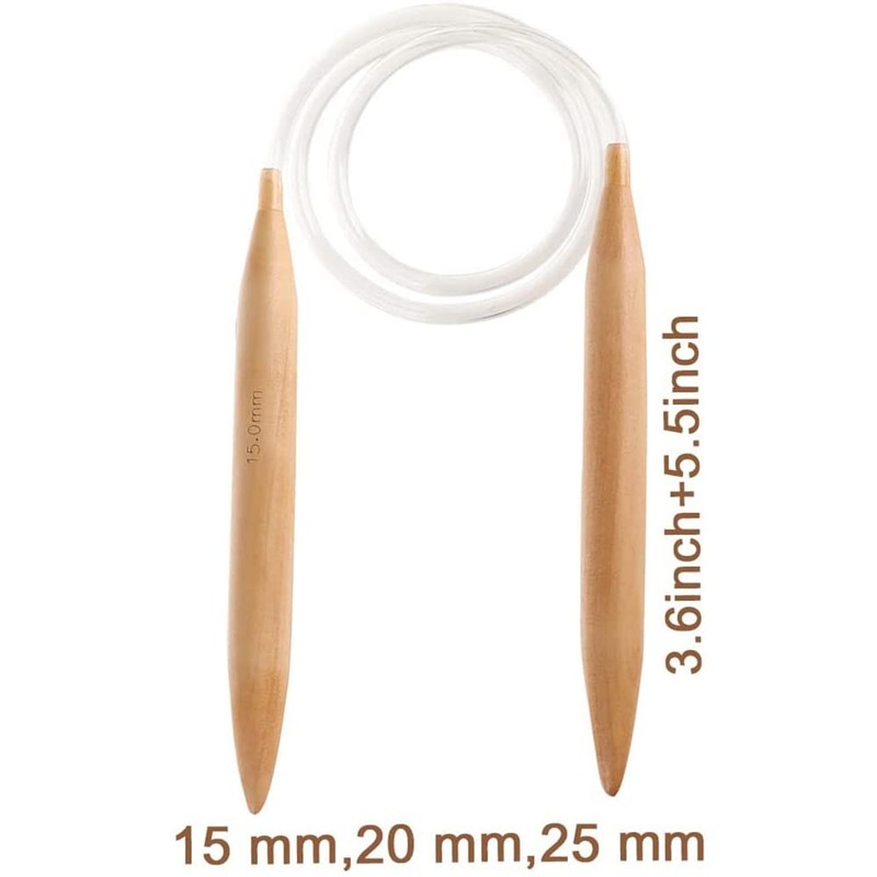 FEETER 3PC Wooden Circular Knitting Needles,15/20/25mm Natural Wood Jumbo Needle