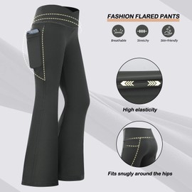 DUONITITI Girls' Leggings High Waisted Bell Bottoms Yoga Flare Pants for Athletic Causal with Two Pockets(Black/Grey/Pink,9-10 Years)