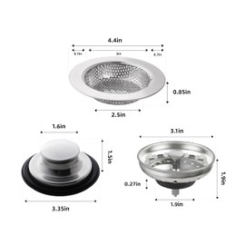 RQYEKDO 3-Pack Kitchen Sink Drain Strainer Stopper Set, Universal Anti-Clogging Stainless Steel Garbage Disposal Plug with Handle, Perforated Basket Filter Sieve for Standard 3.5" Drains (Silver)