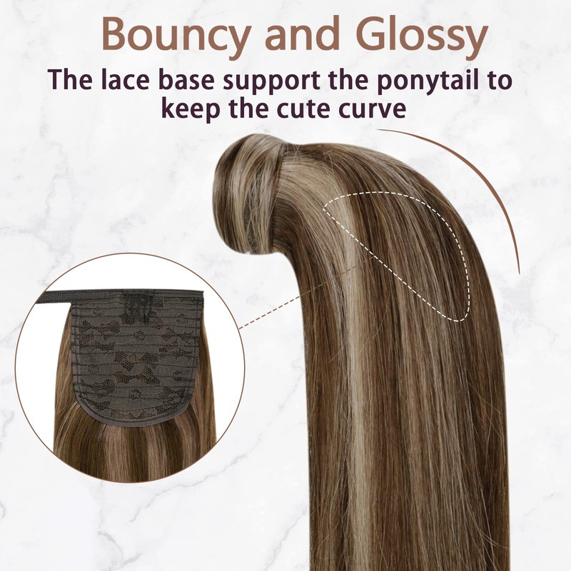 RUNATURE Human Hair Ponytail Extension Dark Brown Highlights Honey Blonde