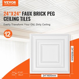 VEVOR 12-Pack 24 x 24 in Drop Ceiling Tiles - Premium PVC Sheet, Easy Installation/Cutting Plastic Glue-up, Home/Office Decoration, White