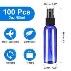 uxcell 100 Pack Spray Bottles, 2 Oz/60ML Reusable Clear Empty Mist Plastic Mini Travel Bottle Set,Small Refillable Liquid Containers for Household Use, Essential Oil(Blue Black)
