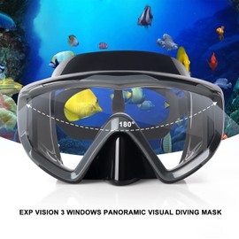 Adult Pano 3 Window Scuba Diving Mask, Tempered Glass Snorkel Mask Anti-Fog Swim Mask No Leakage Swim Goggles with Nose Cover Snorkeling Gear for Snorkeling, Freediving, Swimming (Premium Grey)