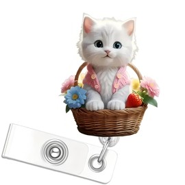 Kitty Badge Reel, Funny Strawberry Flower Basket Badge Reels Retractable, Name Badge Holder Reel Id Clip, Cute Animal Pediatric Decorative for Nurse Nursing Medical Assisatant Office Hospital Student