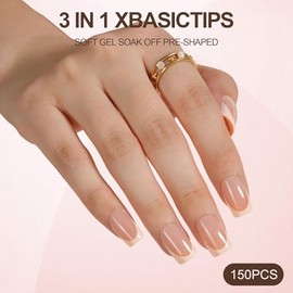 Misssix XBASICTIPS Uñas francesas a presión, 150 piezas cortas y cuadradas de gel francés, uñas postizas de gel suave, preformadas, sin lima, para man