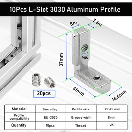 90° L-Shape Inner Corner Connector, Pack of 10 Aluminium Profile 30 x 30 Connectors, Profile Connector Zinc Alloy, Nickel-Plated Aluminium Profile 30 x 30 Accessories with Screws, L Shape Angle