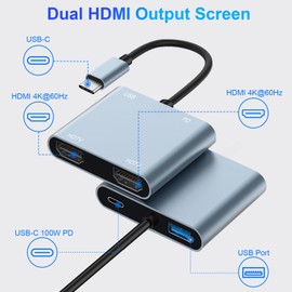 Denlane USB C to Dual HDMI Adapter 4K@60Hz, Type C HDMI Splitter for Dual Monitors with USB 3.0, 100W Fast Charging, USB Hub with 2 HDMI Extended Display for MacBook, USB-C Laptop for Dell for Lenovo