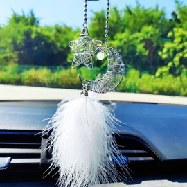 Iron Star and Moon Car Hanging Ornament Rear View Mirror Accessories, Feather Charms Cute Car Accessories for Women, Car Mirror Hanging Accessories Home/Car Decor