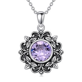 QKABTI Vintage Amethyst Pendant Necklace 925 Sterling Silver, 8 MM Amethyst Necklaces Bohemian Jewelry for Women