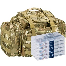 Dr.Fish Fishing Tackle Bag 5 Tackle Boxes with 60 Fishing Lures Included Loaded Stocking Tackle Box Kit Padded Shoulder Fishing Spinner Kit