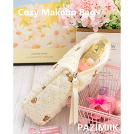 PAZIMIIK Quilted Makeup Bag Large Travel Zipper Soft Cosmetic Pouch for Women Girls Make Up,Gauze Bear