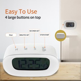 Digital Timer with Clock, Magnetic Countdown Clock Stopwatch Timer for Kitchen Cooking Classroom Study Fitness Gym, Loud Sound or Silent, Touch Operation, Big Digits, 12/24 Hour Time (White)