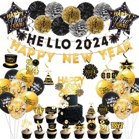 Happy New Years Eve Party Supplies Set,Black & Gold Hello 2024 Happy New Year Banner and Hanging Swirl,Balloons for 2024 Happy New Years Eve Party Decorations.