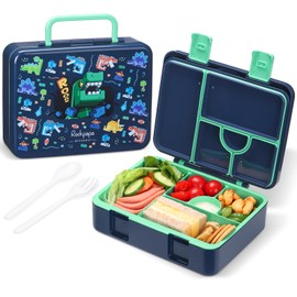 rockpapa 5 Compartment Bento Lunch Box for Kids, Leak Proof, Dishwasher Safe, BPA Free Materials, 47oz Snack Bento Box with Utensils & Handle for Boys Girls Ages 3+ (Blue Dinosaur)
