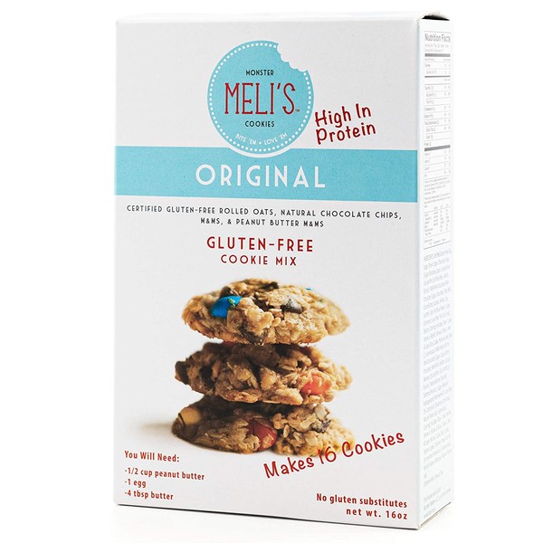 Meli’s Monster Cookies, Original Certified Gluten-Free Cookie Mix, Rolled Oats, Chocolate Chip, Peanut Butter, M&M’s High Protein Baking Recipe, Kosher (16oz Box)