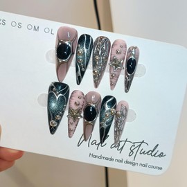 TENPAL Pink Black Press on Nails Long Stiletto,Metal Gothic Fake Nails with Punk Stars Beads,Cat Eye Glitter Edgy Y2K Ins False Nails with Tools,Sweet Grunge Irregular 3D Handmade Nails 10pcs(M)