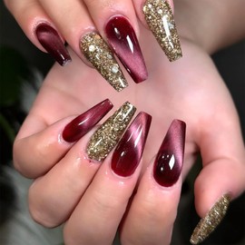 Long Press on Nails Coffin Fake Nails Gold Glitter Cats Eye Design Glue on Nails Purple-Red Nail Press ons Long Coffin Acrylic Artificial Stick on Nails for Women 24Pcs