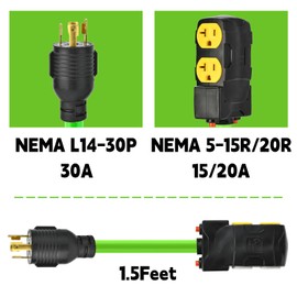 30 Amp to 20Amp Generator Distribution Adapter, L14-30P to 4 X 5-20R/15R 4-Prong to Mutiple Household Outlet w/ 20amp Circuit Breaker 1.5FT