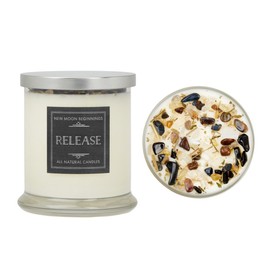 Release Candle by New Moon Beginnings - Soy Candle - All Natural Aromatherapy Candle - Dried Flower, Herb, & Natural Crystal Candle - 12 oz Glass Jar