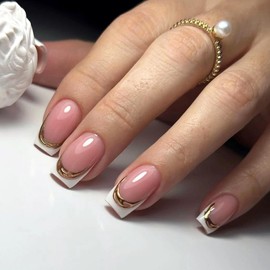 MISUD Short Press on Nails Square Fake Nails Glossy Glue on Nails Gold Chrome Acrylic Nail Supplies Squoval Artificial Nail Art White French Tip Stick on False Nails with Design DIY 24 pcs