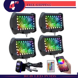 Ciascy 4pcs 4"inch RGB LED Flood Beam Fog Cube Work Lights Pods For Off Road SUV ATV