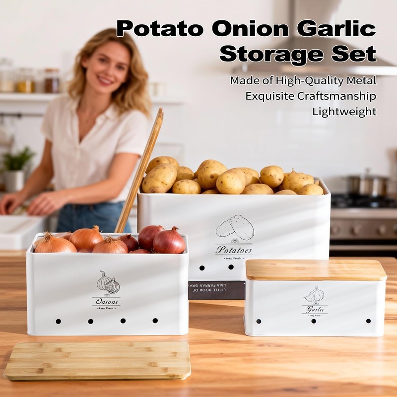 Tenforie Metal Potato Onion and Garlic Storage Tin Set of