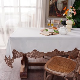 Artbloss Rectangle Tablecloth Offwhite Farmhouse Elegant Table Cover with Hollow Vintage Lace Border for Christmas Kitchen Home Outdoor Indoor Dining Decor (Coffee, 60 x 84 Inches)