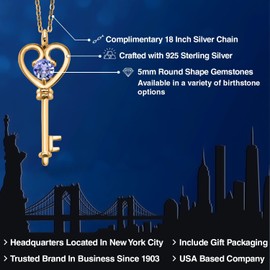 Gem Stone King 18K Yellow Gold Plated Silver Heart Key Pendant Necklace For Women | Round 5MM | Gemstone Birthstone | Mom Wife Birthday Anniversary Graduation Gifts | With 18 Inch Silver Chain