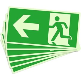 Notausgangsschild Nachleuchtend Links, 29 x 13 cm, 6 Stück, Selbstklebend PVC