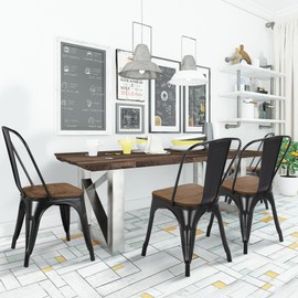 Yaheetech Metal Dining Chairs Set of 4, Industrial Stackable Kitchen Chairs with Wood Top Seat for Dining Room/Restaurant/Bistro/Patio, Indoor & Outdoor Use, Black