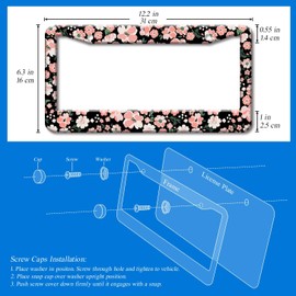 2PCS Pink Floral Pattern License Plate Frames for Men Women - Universal Flowers Aluminum Stainless Steel Car Tag Covers Holder with Screws, Caps, Rattle Proof Pads and Handlebar Stickers