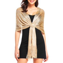 Sparkling Metallic Shawls and Wraps for Evening Party Formal Dresses Wedding Bridesmaid (with Free Scarf Buckle), J# khaki