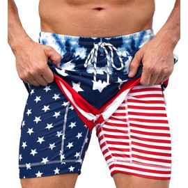 Mainfini Mens American Flag Swim Trunks 4th of July Swim Short with Compression Liner 5" Freedom Bathing Short S