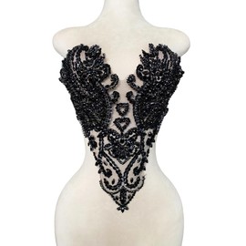 Zbroh Handmade Bodice Rhinestones Applique Sewing Glass Beads Stones Crystal Trim Lace Patches for Dress Clothing Accessories 13X18inches (Black)