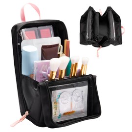 Abiudeng Stand Up Travel Makeup Bag, Small Black Waterproof Cosmetic Case with Brush Compartment & Elastic Holders for Makeup Essentials