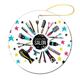 Colorful Barber Shop Hairdressers Tools Comb Hair Dryer Stars 2 PCs Christmas Round Hanging Ceramic Ornament with Thick Gold String, Keepsake Sign Plaque Tree Decoration for Xmas Holidays