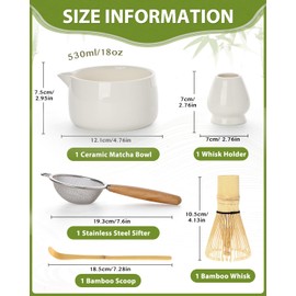 20OZ Matcha Whisk Set - 5PCS Matcha Kit Includes Ceramic Bowl with Spout, Bamboo Whisk with Holder, Bamboo Scoop and Sifter, Matcha Set for Ceremony, Gift for Matcha Lovers (White)
