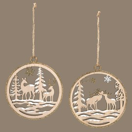 MeraVic Deer Scene Round Christmas Hanging Ornament, Set of 2, 5.5-inch Height, Holiday Season Decoration
