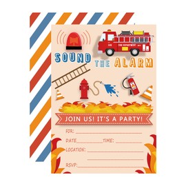 15 Count Fire Truck Party Invitations with Envelopes, Fill-in Fireman Birthday Invitation Cards For Boys, Double Sided Fire Truck Invitations