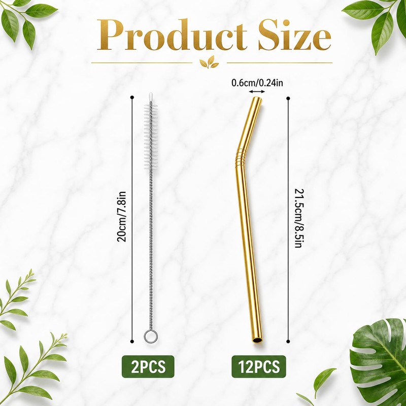 Bamily 12 Pcs Reusable Metal Straws, Curved Stainless Steel Straws