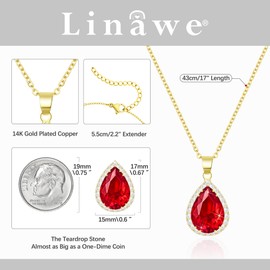 Linawe Red Crystal Ruby Pendant Chain Necklace for Women, Imitation Diamond Preppy Necklace, Boho Cubic Zirconia Birthstone Teardrop Rhinestone Necklace Wedding Jewelry Set