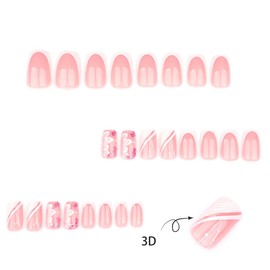 24 Pcs White French Press on Nails Short Square Summer Fake Nails Glitter False Nails Press Ons With 3D Bevel Stripe White Flowers Design Nude Nail Tips Full Cover Acrylic Nail Kit for Women