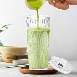 Icesip 18 oz Rhombus Glass Tumbler with Straw and Lid, 2 Pack Glassware Set Thickened Glass For Matcha Iced Coffee Juice Cocktails Drinking Glasses Tumbler