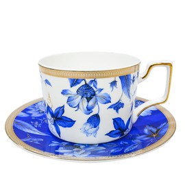 LE POTOCIO Bone China Tea Cup and Saucer Set, Bone China Coffee Cups and Saucers, Vintage Blue and White TeaCups snd Saucers Gift for Mom Friend Tea Party (dark blue)